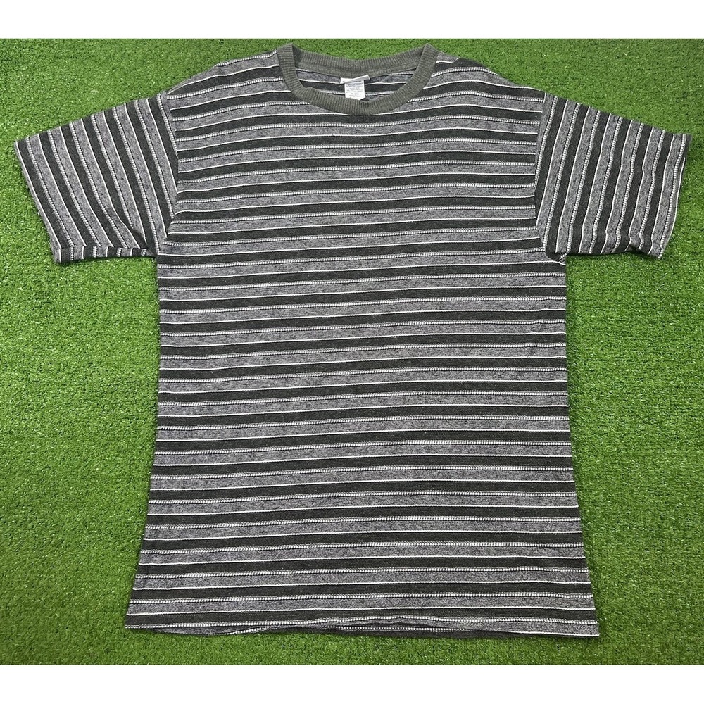 Vintage 80s Basic Edition Striped Shirt L 90s 100% Cotton Knit Tee Ribbed Collar